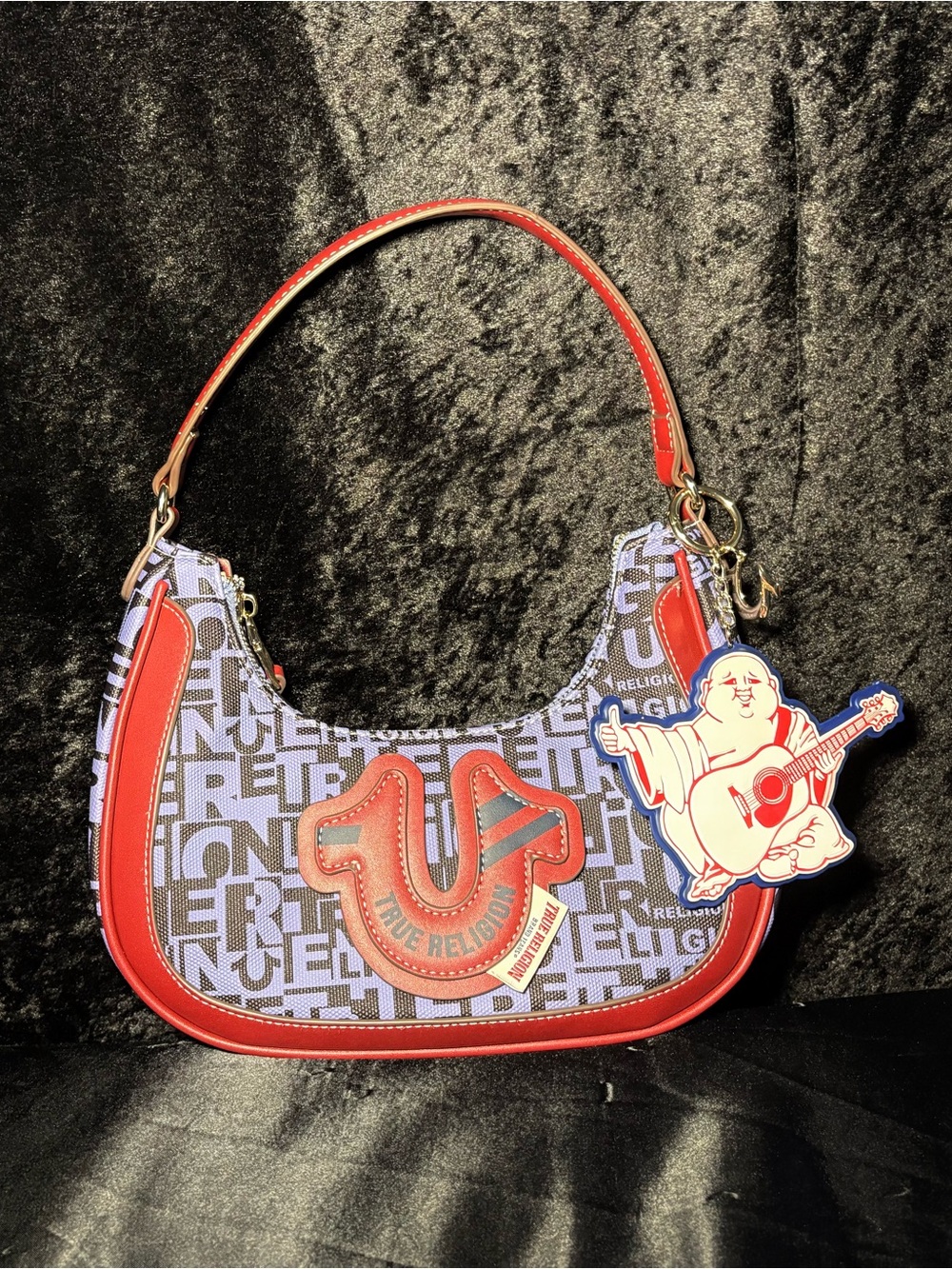 True Religion Red Trim Logo-Print Shoulder Bag with Charm